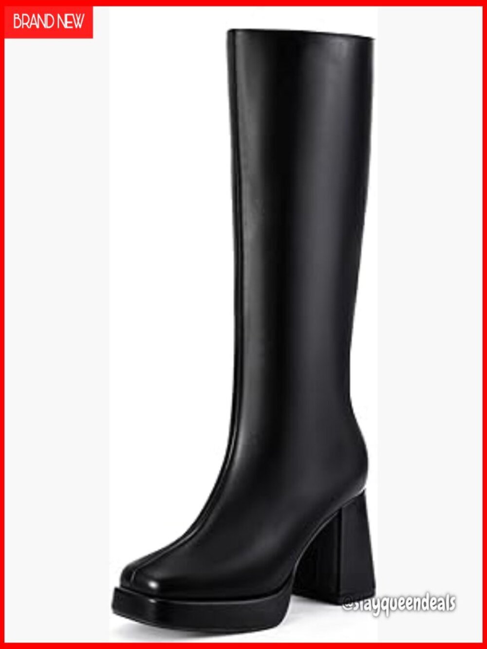 Knee High Platform Boots Chunky Heel Square Toe Zipper Dress Booties